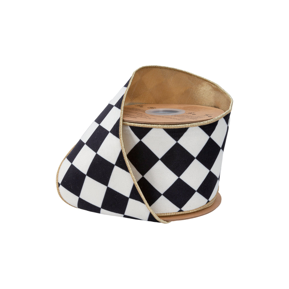 4" Wired Velvet Ribbon | Black And White Rhombus W/ Metallic Gold Backing | 10 Yard Roll