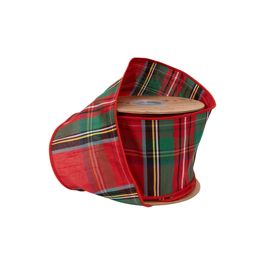 4" Wired Dupioni Ribbon | Traditional Christmas Plaid Red/Green/Blue | 10 Yard Roll
