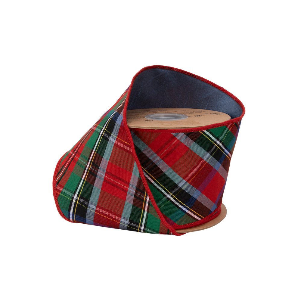 4" Wired Dupioni Ribbon | Bias Cut Traditional Christmas Plaid Red/Green/Blue w/ Blue Backing | 10 Yard Roll