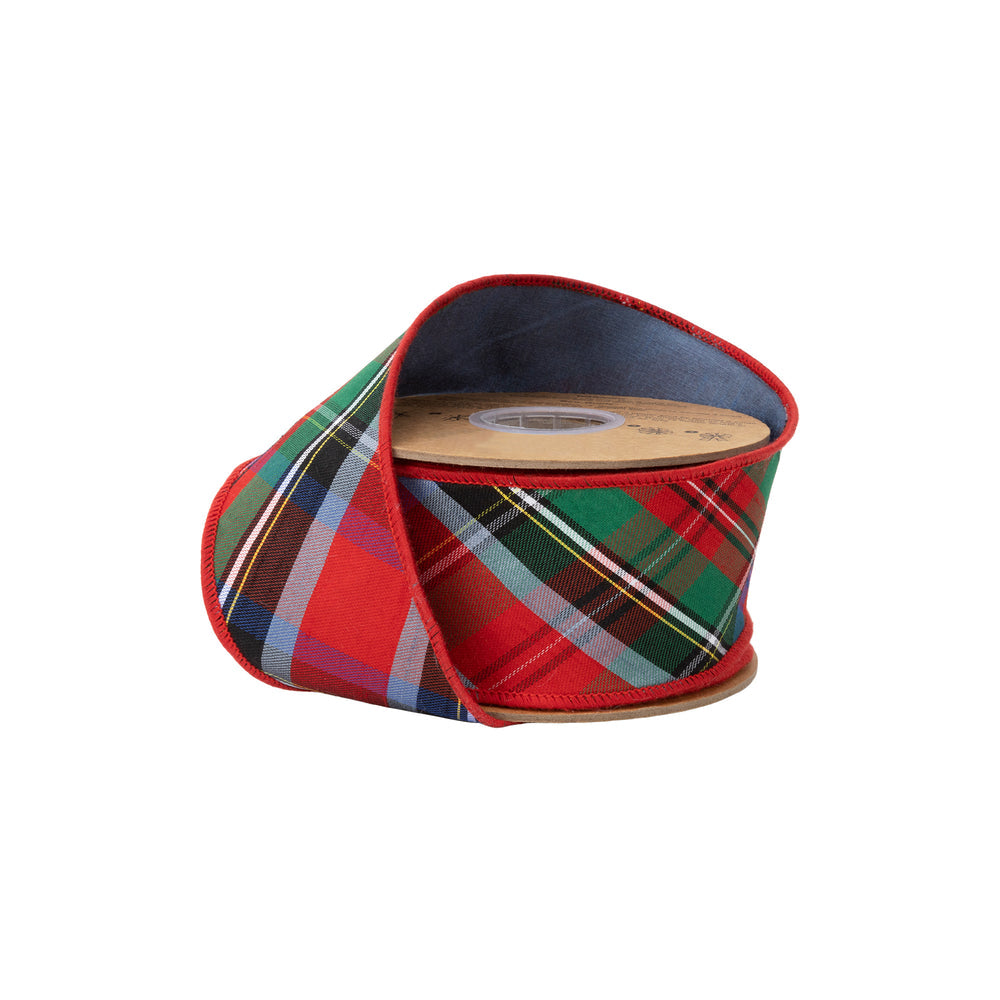 2 1/2" Wired Dupioni Ribbon | Bias Cut Traditional Christmas Plaid Red/Green/Blue w/ Blue Backing | 10 Yard Roll