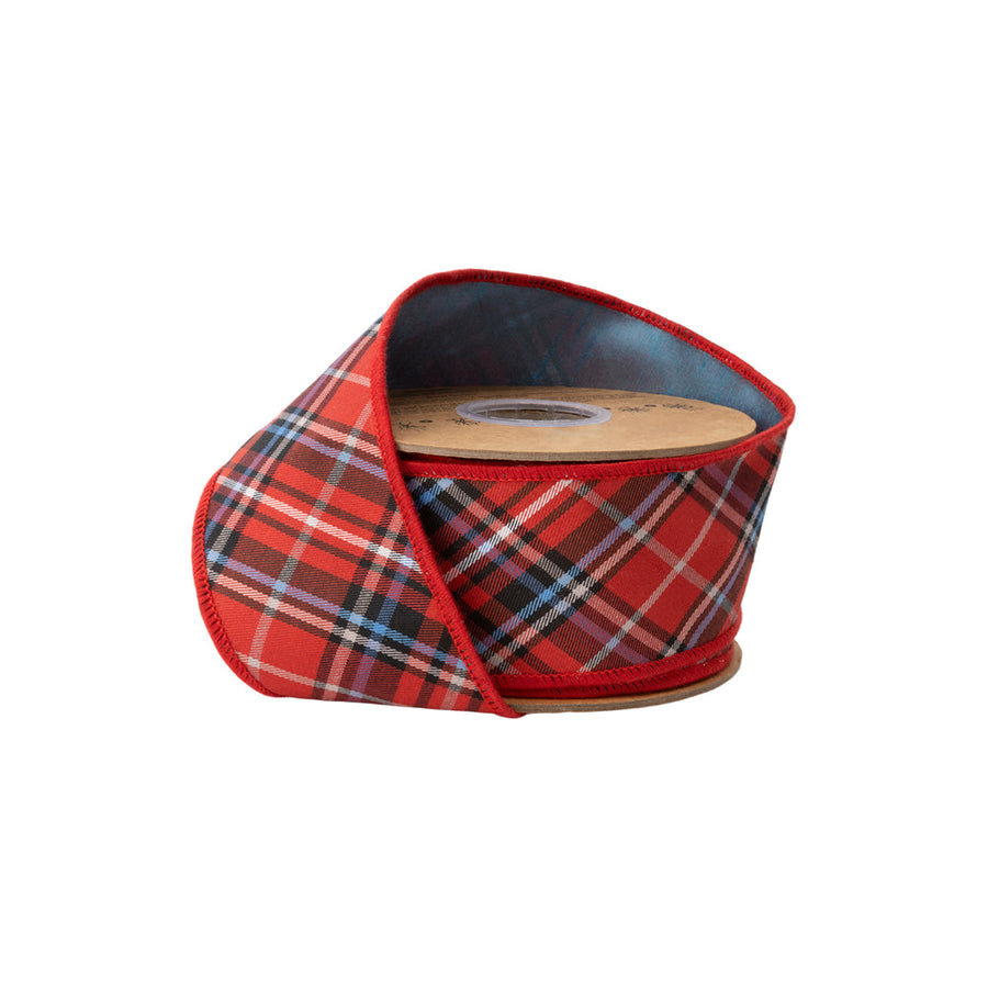 2 1/2" Wired Ribbon | Red/Blue/Black Woven Plaid W/ Blue Dupioni Backing | 10 Yard Roll