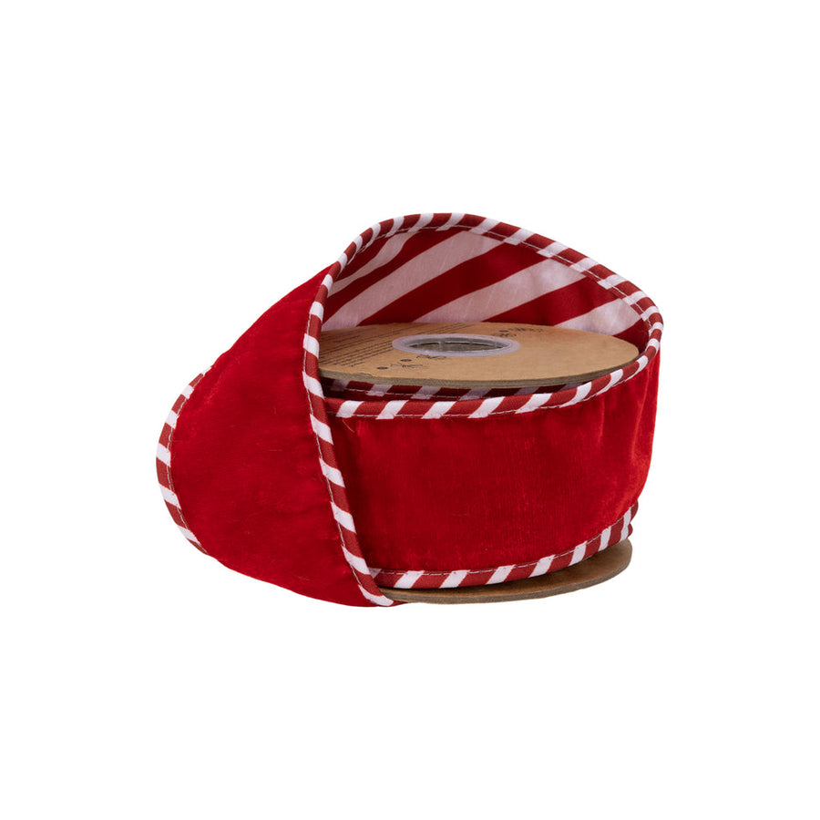 2 1/2" Wired Premium Velvet Ribbon | Red W/ Red/White Striped Backing And Piping | 10 Yard Roll
