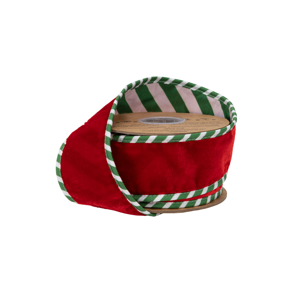 2 1/2" Wired Premium Velvet Ribbon | Red W/ Green/White Striped Backing And Piping | 10 Yard Roll