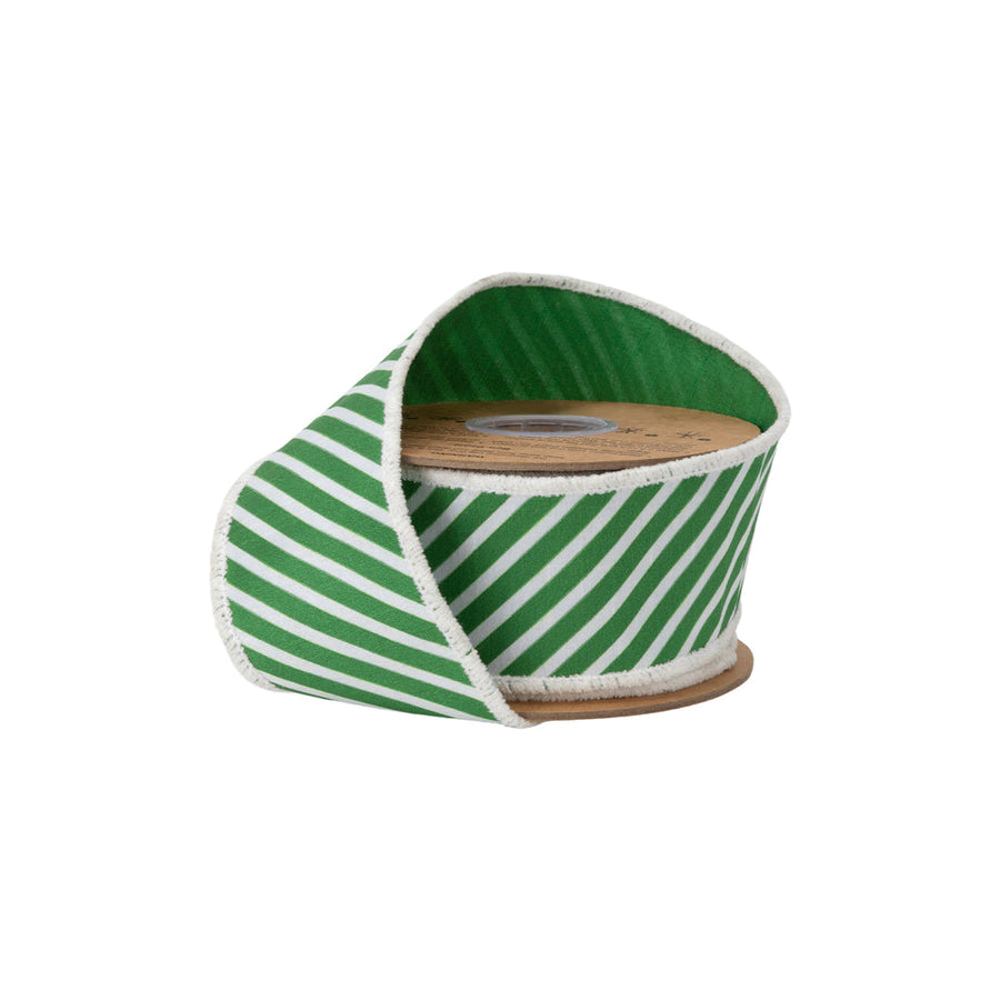 2 1/2" Wired Dupioni Ribbon | Small Bias Stripe Bright Green And White And Green Back | 10 Yard Roll