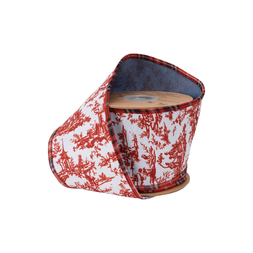 4" Wired Dupioni Ribbon | Red Chinoiserie w/Plaid Piping and Blue Dupioni Backing | 10 Yard Roll