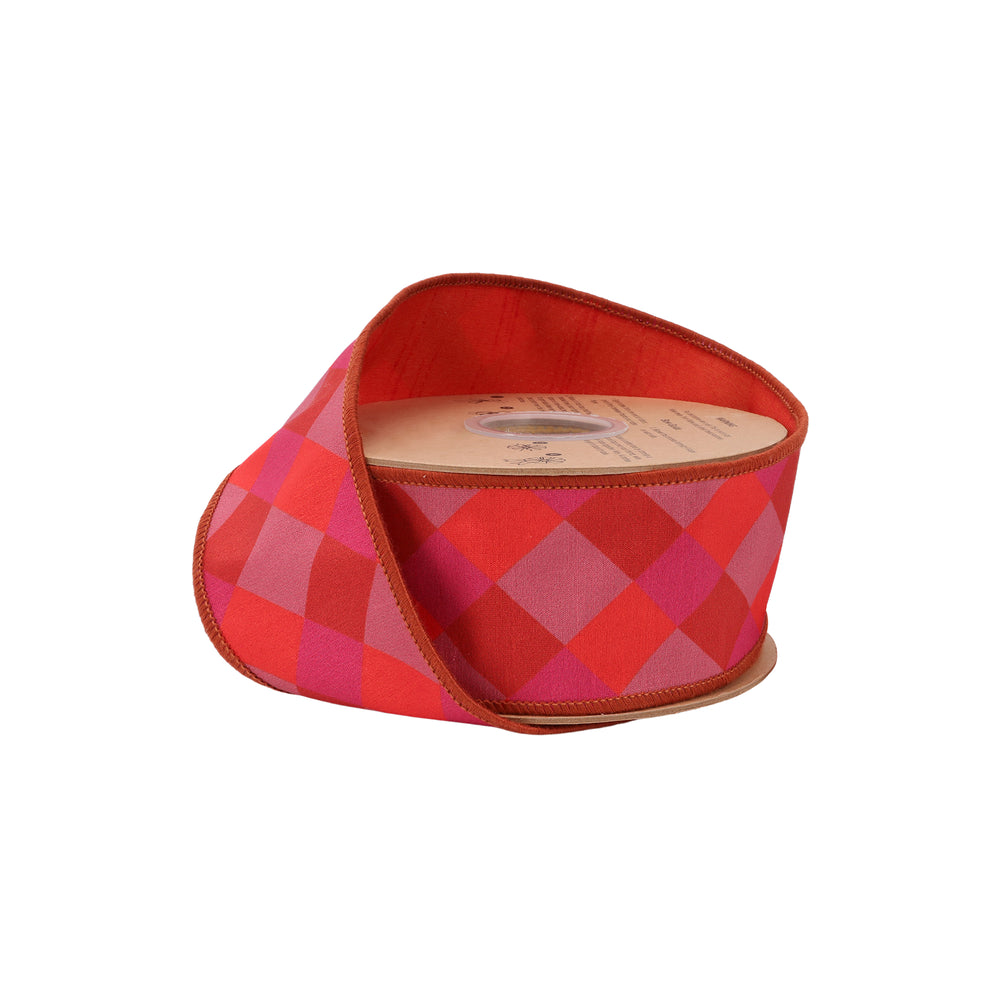 2 1/2" Wired Dupioni Ribbon | Orange/Pink/Red Bias Plaid w/ Red Fused Dupioni Backing | 10 Yard Roll