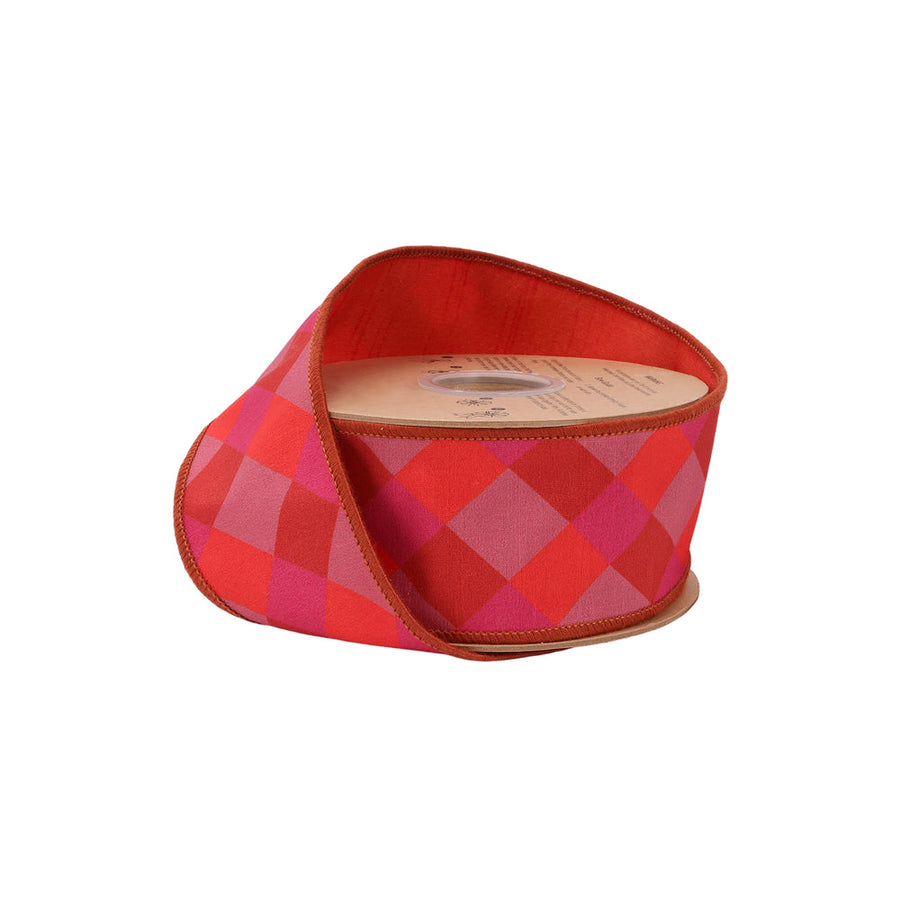 2 1/2" Wired Dupioni Ribbon | Orange/Pink/Red Bias Plaid W/ Red Fused Dupioni Backing | 10 Yard Roll