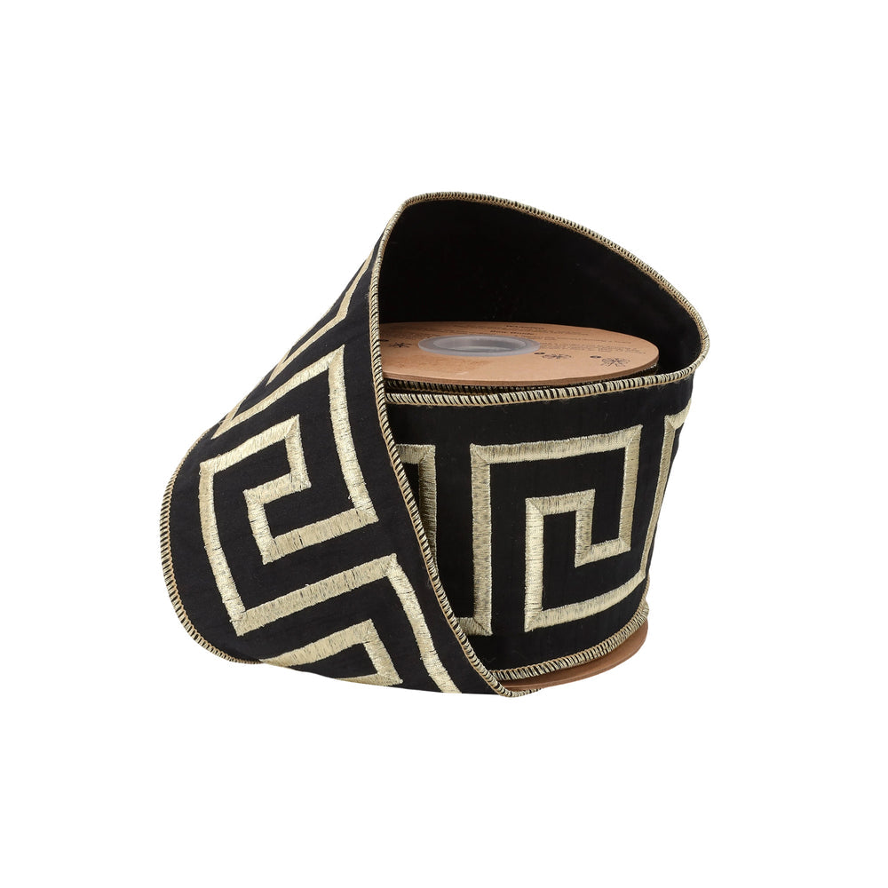 4" Wired Ribbon | Black/Gold Greek Key | 5 Yard Roll