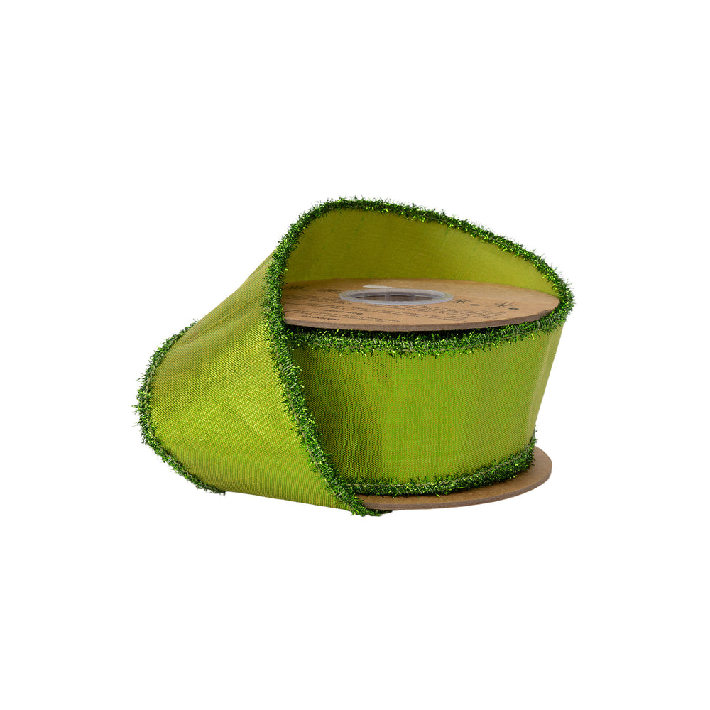 2 1/2" Wired Dupioni Ribbon | Metallic Lime Green w/ Tinsel Edge | 10 Yard Roll