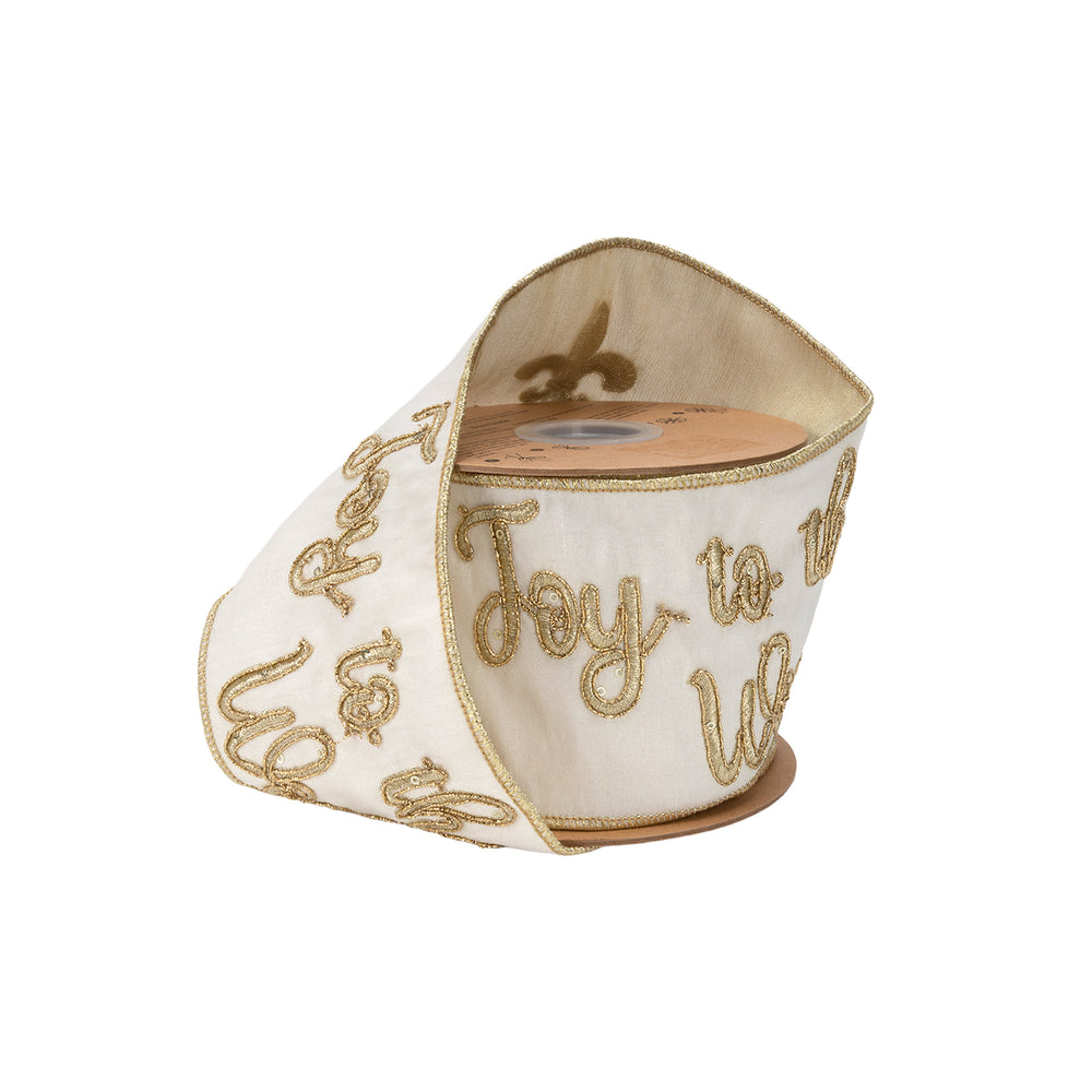 4" Wired Dupioni Ribbon | Gold Embroidered "Joy to the World" on Ivory w/ Gold Tissue Backing | 10 Yard Roll