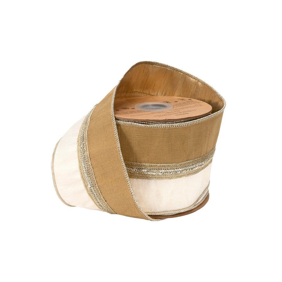 4" Wired Dupioni Ribbon | Gold/Ivory Two Tone w/ Metallic Gold Trim and Backing | 10 Yard Roll