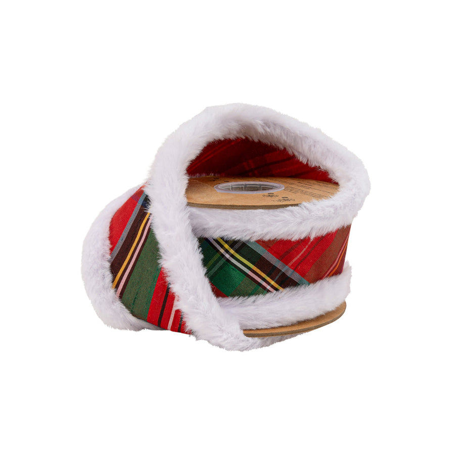 2 1/2" Wired Dupioni Ribbon | Christmas Plaid W/ Fur Piping | 10 Yard Roll