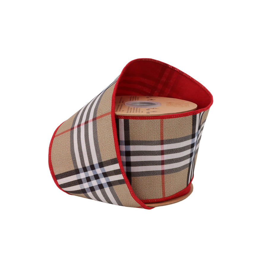 4" Wired Dupioni Ribbon | Beige Fashion Plaid W/ Red Fused Backing | 10 Yard Roll
