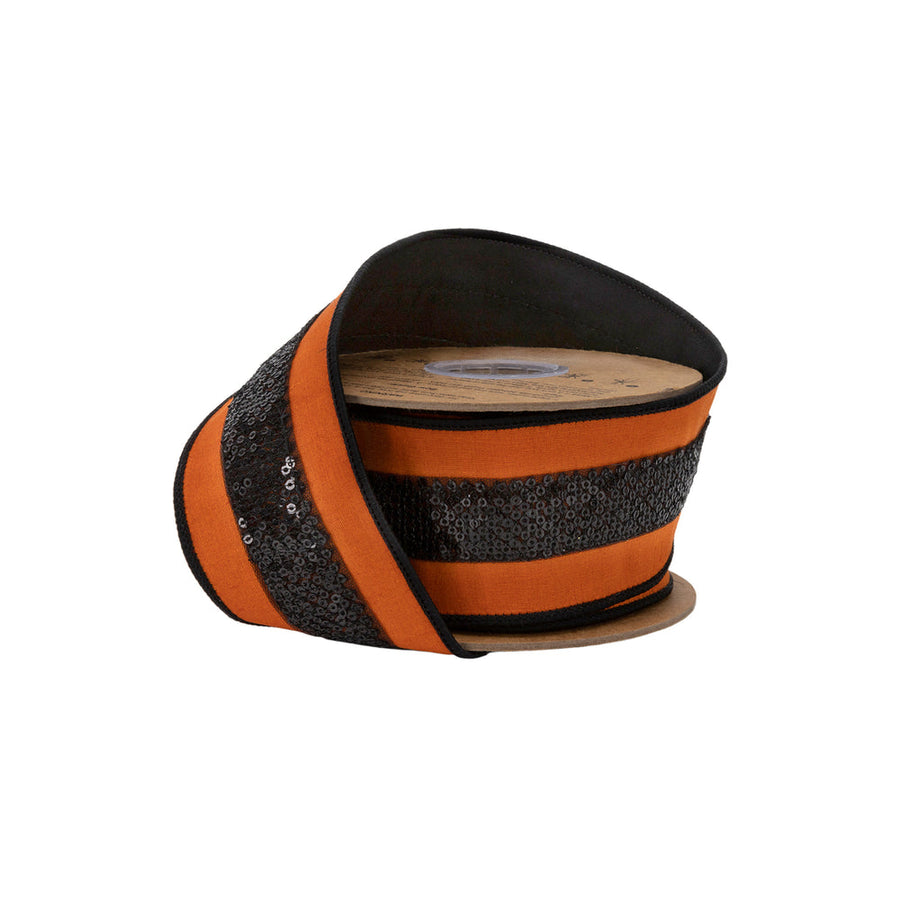 2 1/2" Wired Dupioni Ribbon | Orange w/ Black Sequin Trim | 10 Yard Roll