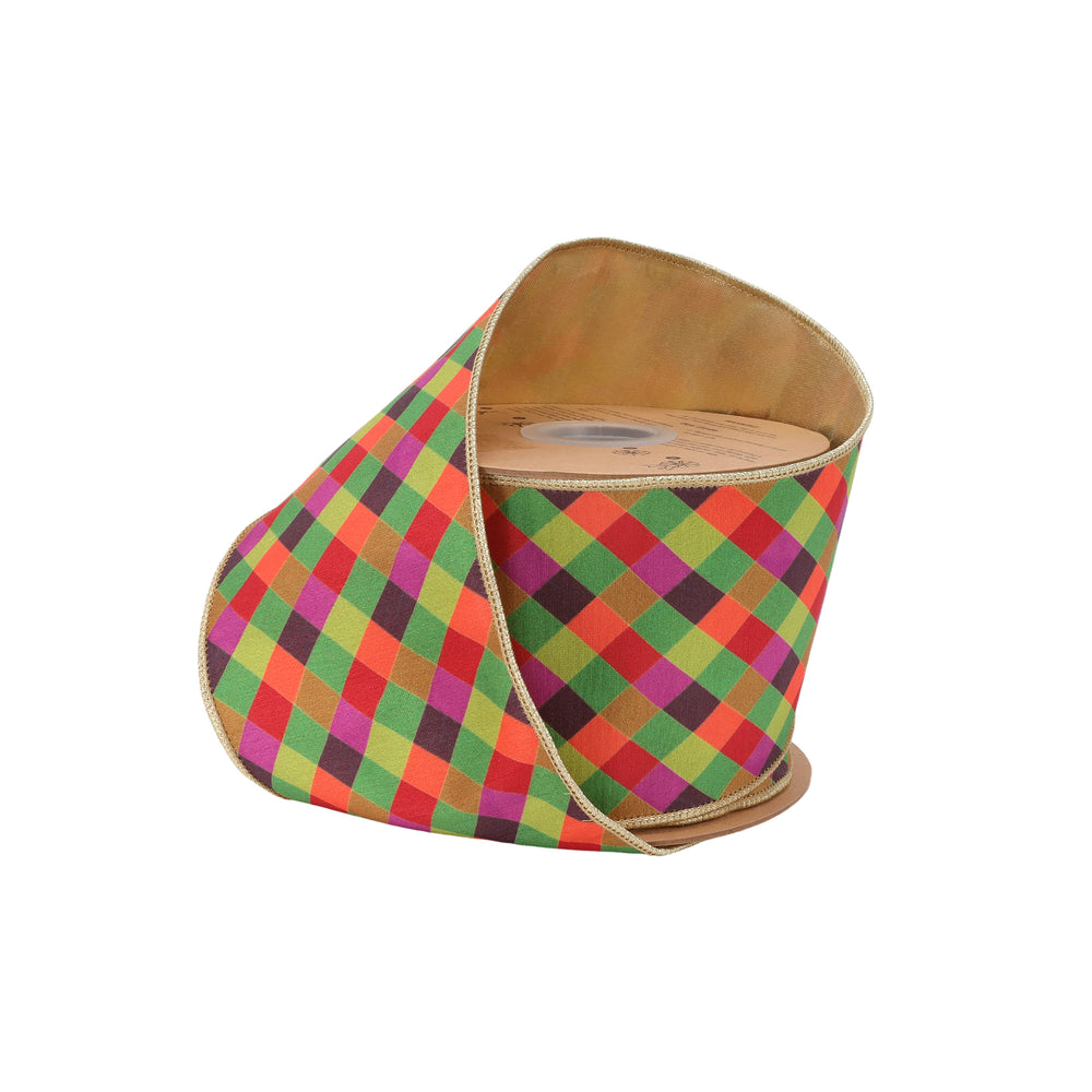 4" Wired Dupioni Ribbon | Multi Jewel Tone Small Bias Check Plaid w/ Gold Metallic Fused Dupioni Backing | 10 Yard Roll