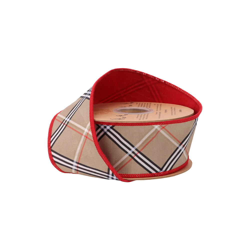 2 1/2" Wired Dupioni Ribbon | Beige Fashion Bias Plaid w/ Red Fused Backing | 10 Yard Roll