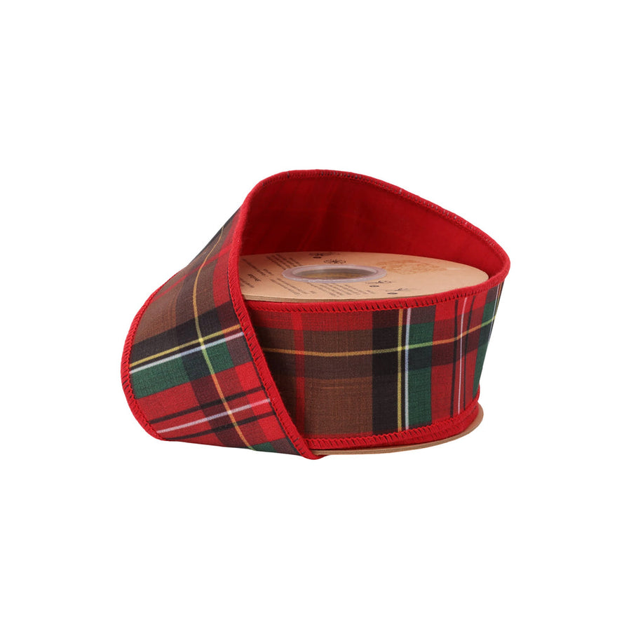 2 1/2" Wired Dupioni Ribbon | Red/Brown Plaid W/ Red Fused Dupioni Backing | 10 Yard Roll