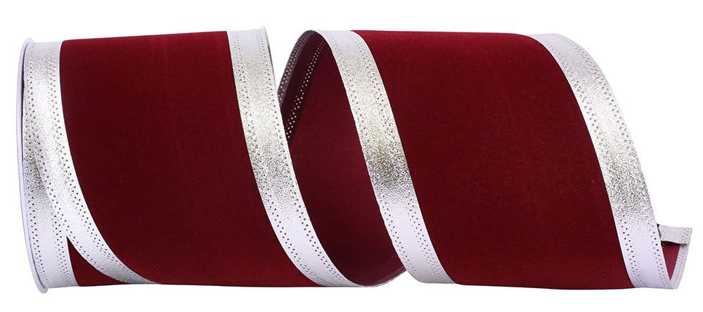 Burgundy Silver Velvet Wired Edge Ribbon 4 Inch 10 Yards