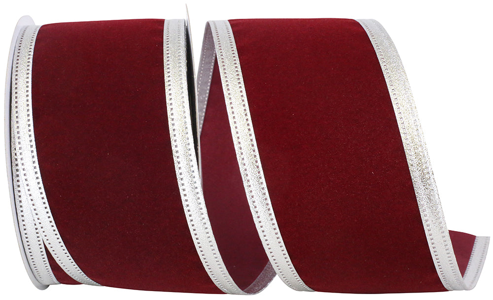 Burgundy Silver Velvet Wired Edge Ribbon 2-1/2 Inch