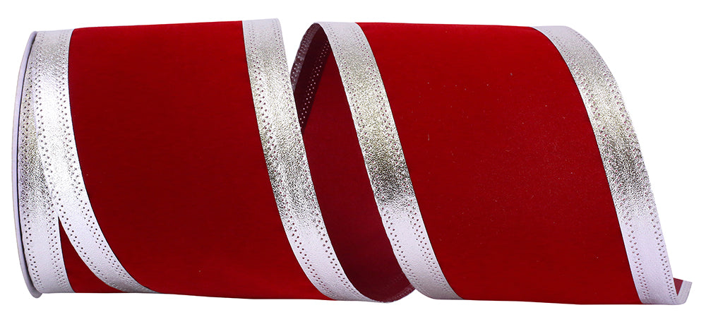 4 Inch Scarlet Silver Velvet Wired Edge Ribbon