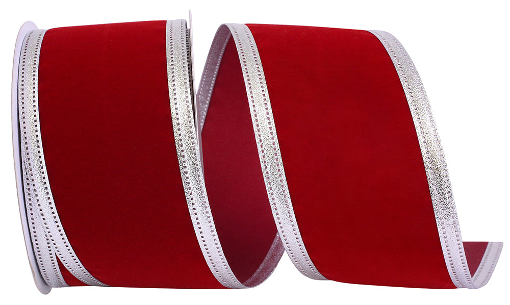 Velvet Dynasty Wired Edge Ribbon Scarlet Silver 2-1/2 Inch