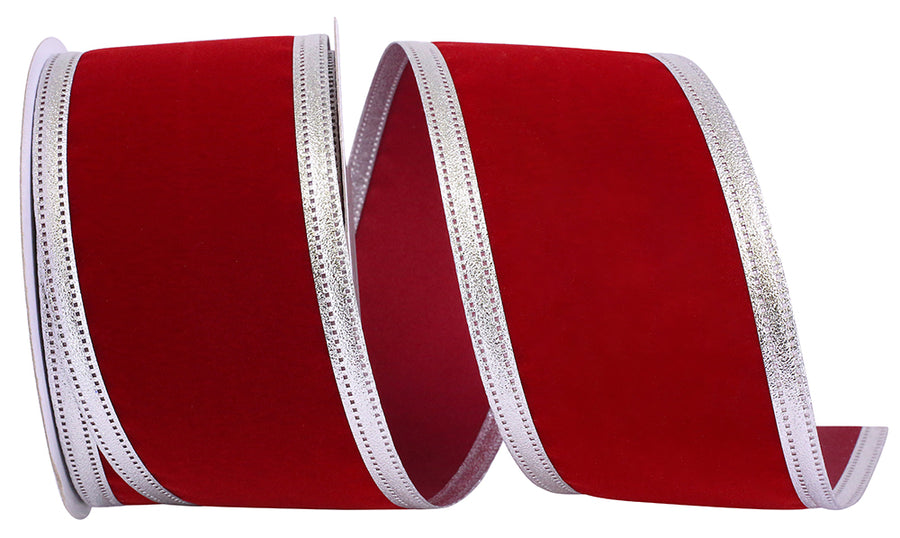 Velvet Dynasty Wired Edge Ribbon Scarlet Silver 2-1/2 Inch