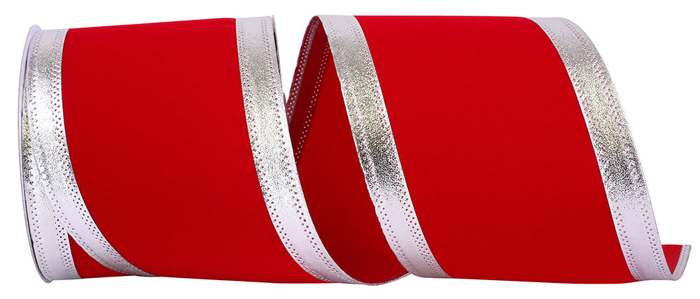 Red Silver 4 Inch Velvet Dynasty Wired Edge Ribbon for Wreaths & Bows