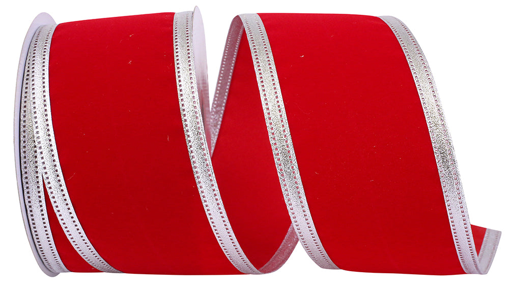 Red Silver 2-1 2 Inch Velvet Dynasty Wired Edge Ribbon for Wreaths & Bows