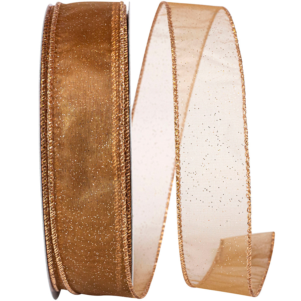 Copper 1-1 2 Inch Sheer Glitz Wired Edge Ribbon for Wreaths & Bows
