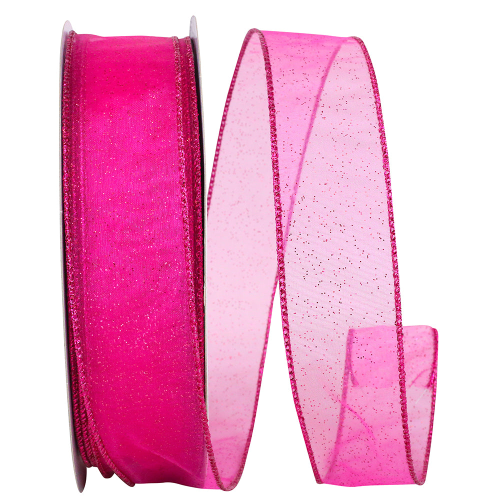 Fuchsia 1-1 2 Inch Sheer Glitz Wired Edge Ribbon for Wreaths & Bows