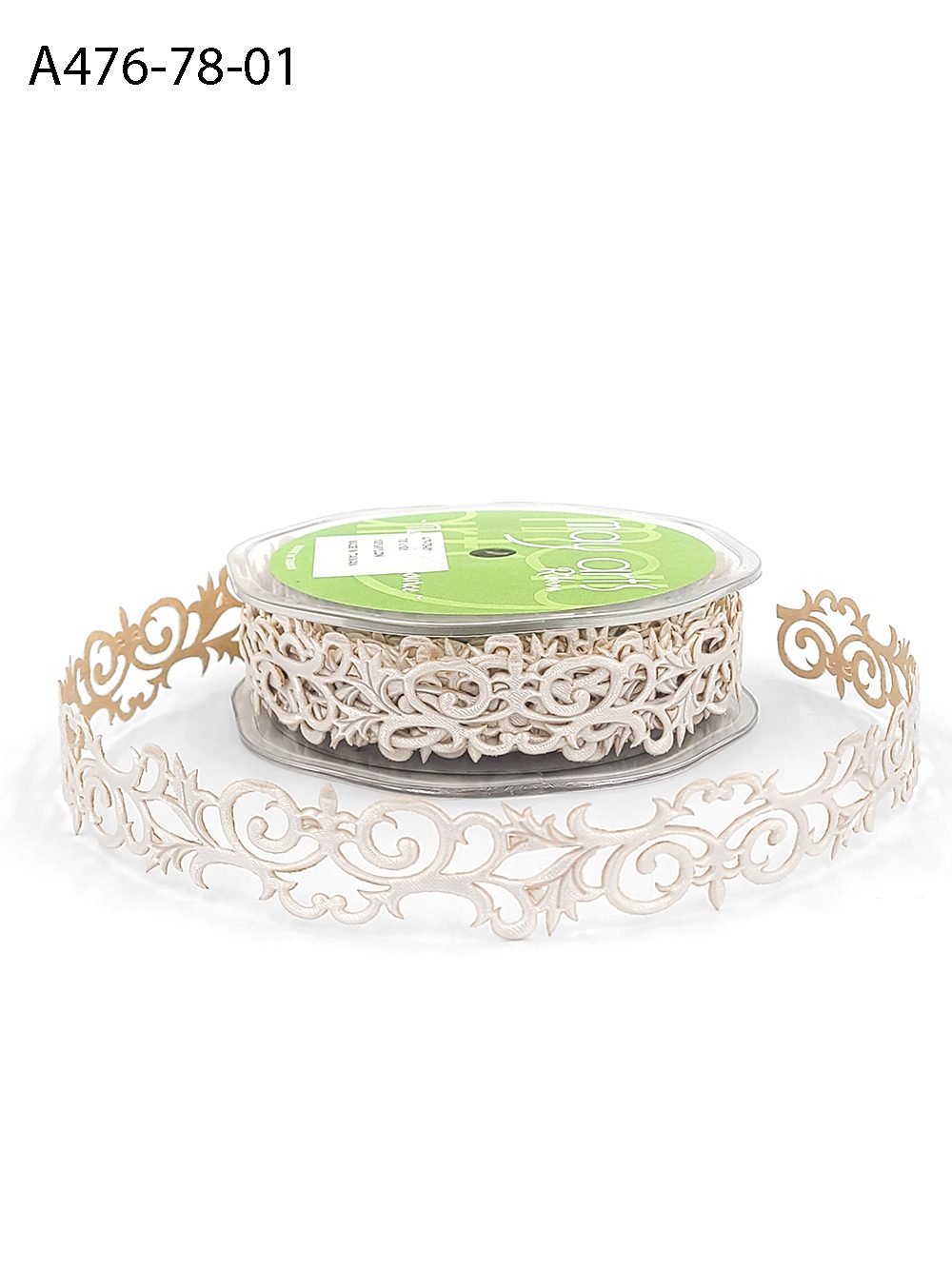 7/8 Inch Adhesive Satin Fleur-De-Lis Scroll Ribbon with Cut Sealed Edge – A476-78-01 White