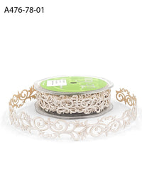 7/8 Inch Adhesive Satin Fleur-De-Lis Scroll Ribbon with Cut Sealed Edge – A476-78-01 White