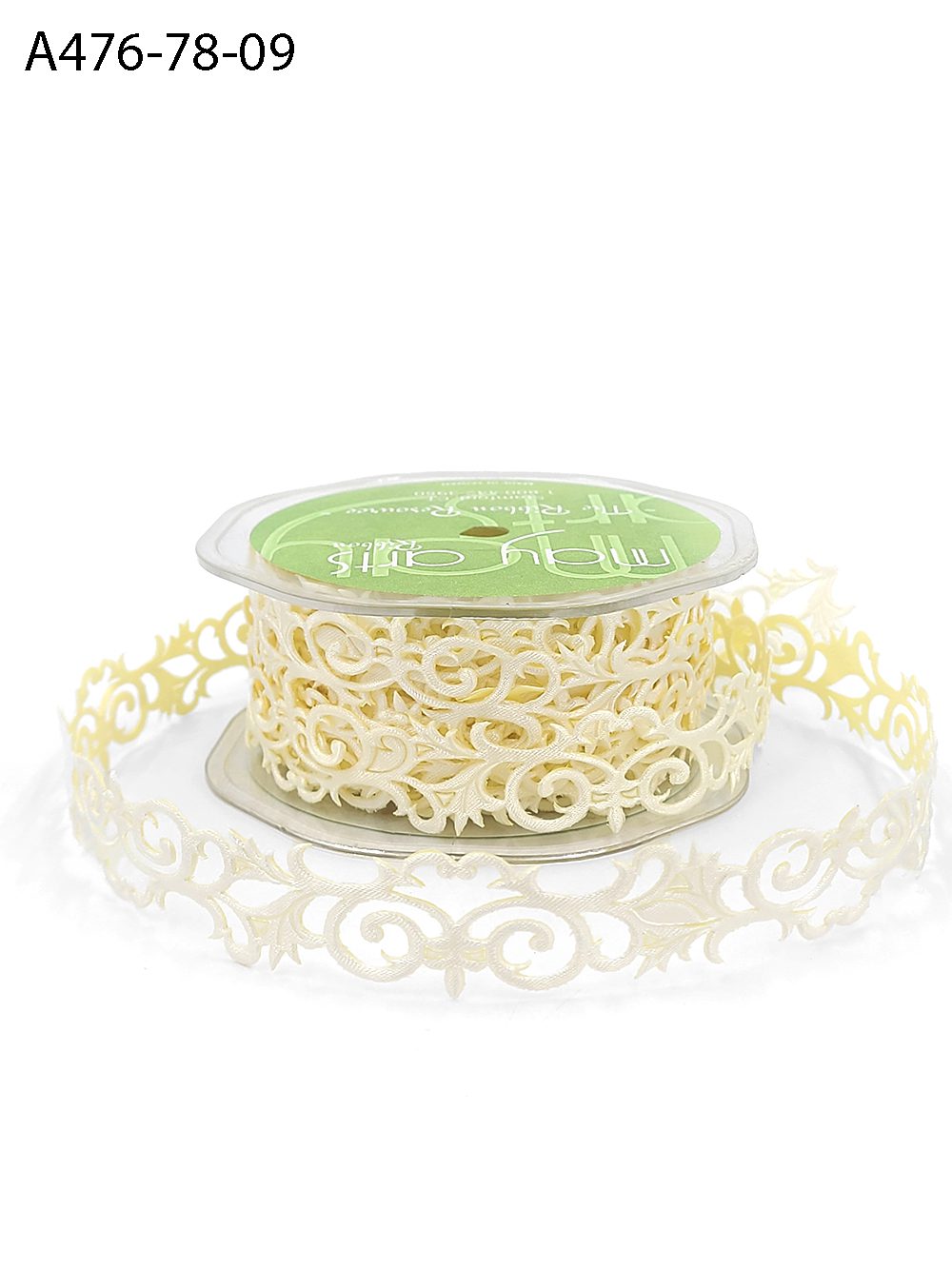 7/8 Inch Adhesive Satin Fleur-De-Lis Scroll Ribbon with Cut Sealed Edge – A476-78-09 Ivory