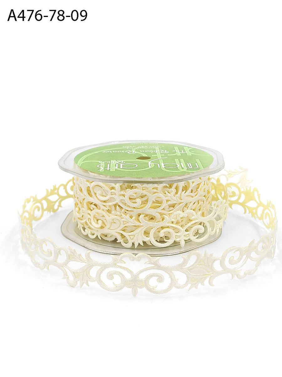 7/8 Inch Adhesive Satin Fleur-De-Lis Scroll Ribbon with Cut Sealed Edge – A476-78-09 Ivory