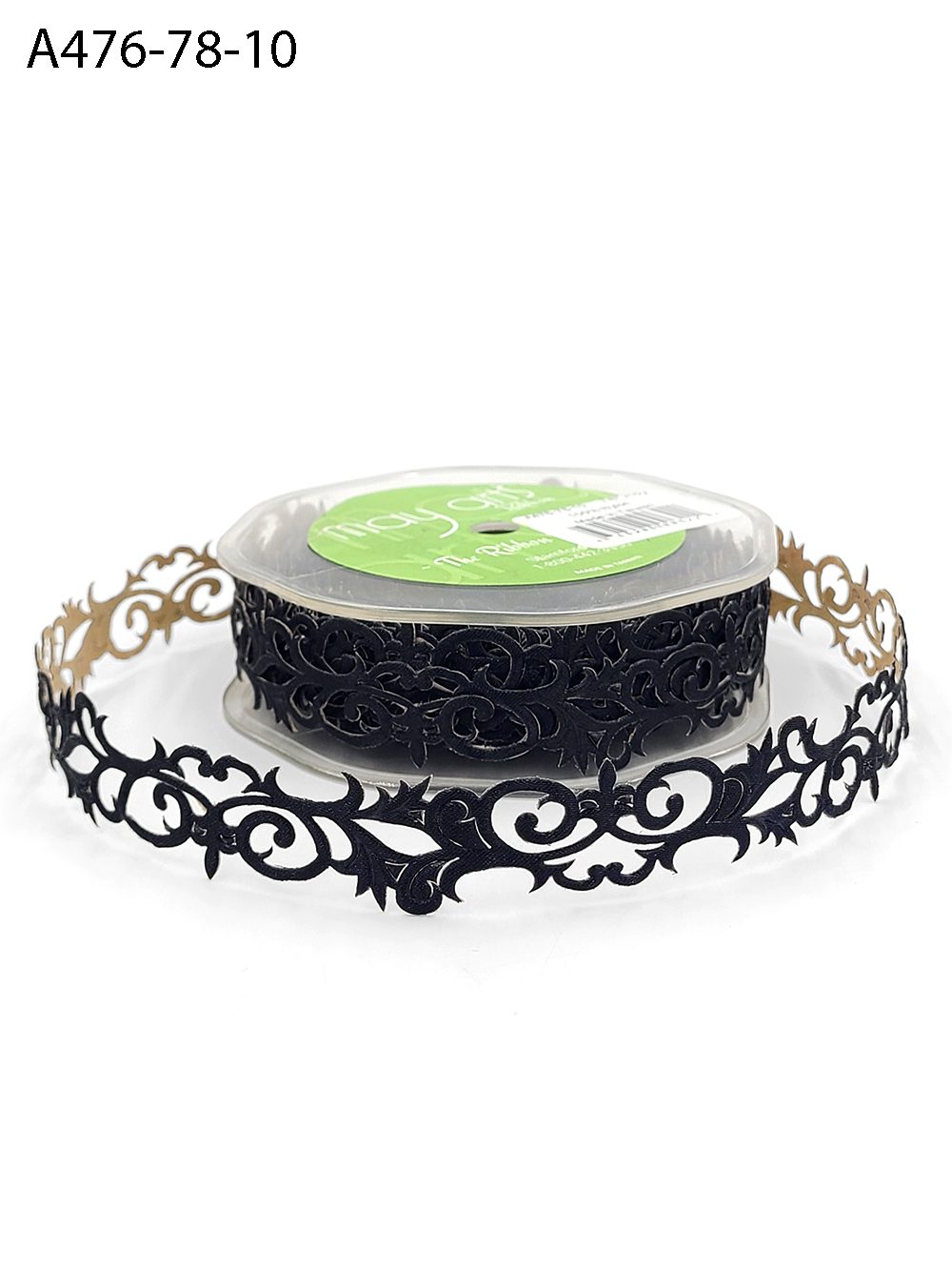 7/8 Inch Adhesive Satin Fleur-De-Lis Scroll Ribbon with Cut Sealed Edge – A476-78-10 Black