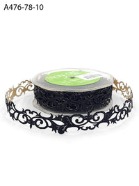 7/8 Inch Adhesive Satin Fleur-De-Lis Scroll Ribbon with Cut Sealed Edge – A476-78-10 Black