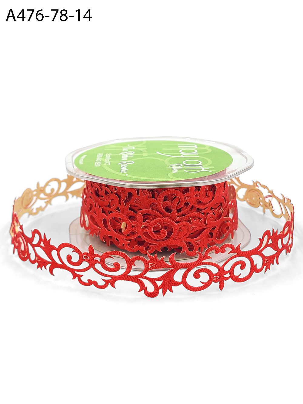 7/8 Inch Adhesive Satin Fleur-De-Lis Scroll Ribbon with Cut Sealed Edge – A476-78-14 Red