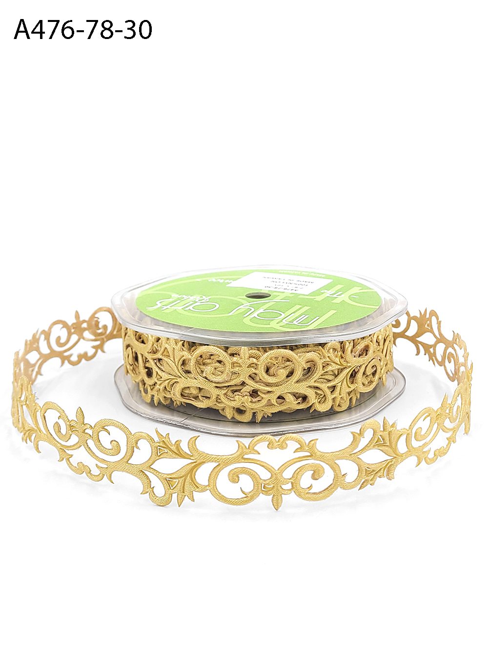 7/8 Inch Adhesive Satin Fleur-De-Lis Scroll Ribbon with Cut Sealed Edge – A476-78-30 Gold