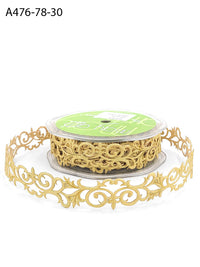 7/8 Inch Adhesive Satin Fleur-De-Lis Scroll Ribbon with Cut Sealed Edge – A476-78-30 Gold