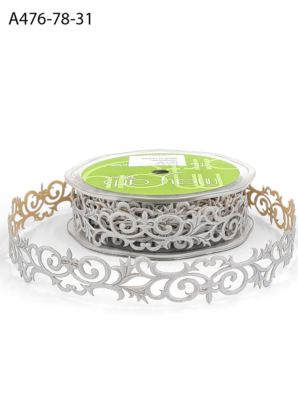 7/8 Inch Adhesive Satin Fleur-De-Lis Scroll Ribbon with Cut Sealed Edge – A476-78-31 Silver
