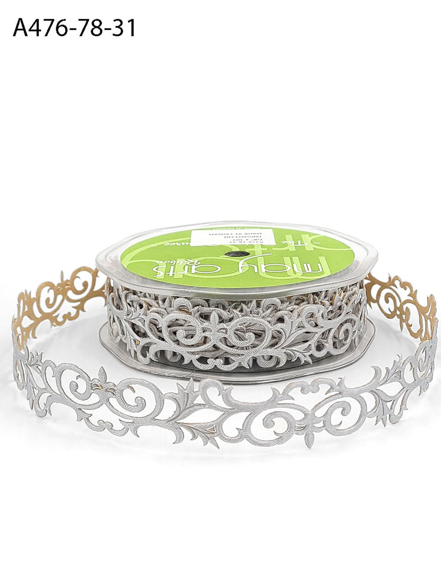 7/8 Inch Adhesive Satin Fleur-De-Lis Scroll Ribbon with Cut Sealed Edge – A476-78-31 Silver