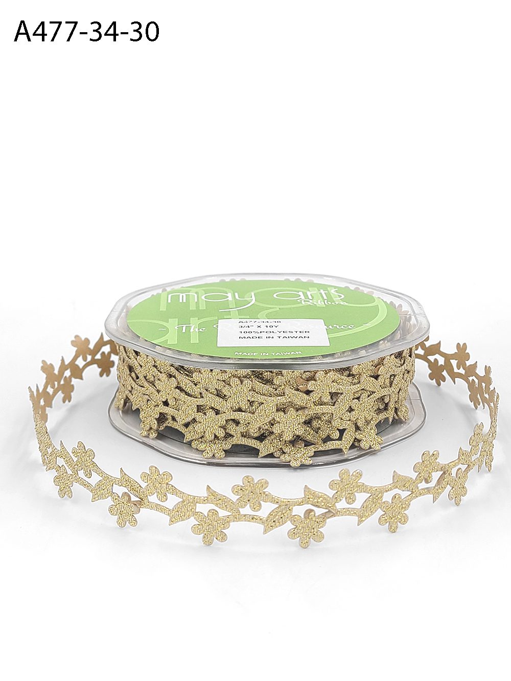 3/4 Inch Adhesive Floral Design Ribbon with Sealed Cut Edge – A477-34-30 Gold