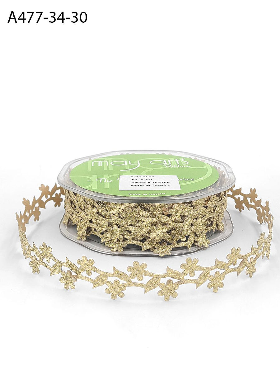 3/4 Inch Adhesive Floral Design Ribbon with Sealed Cut Edge – A477-34-30 Gold