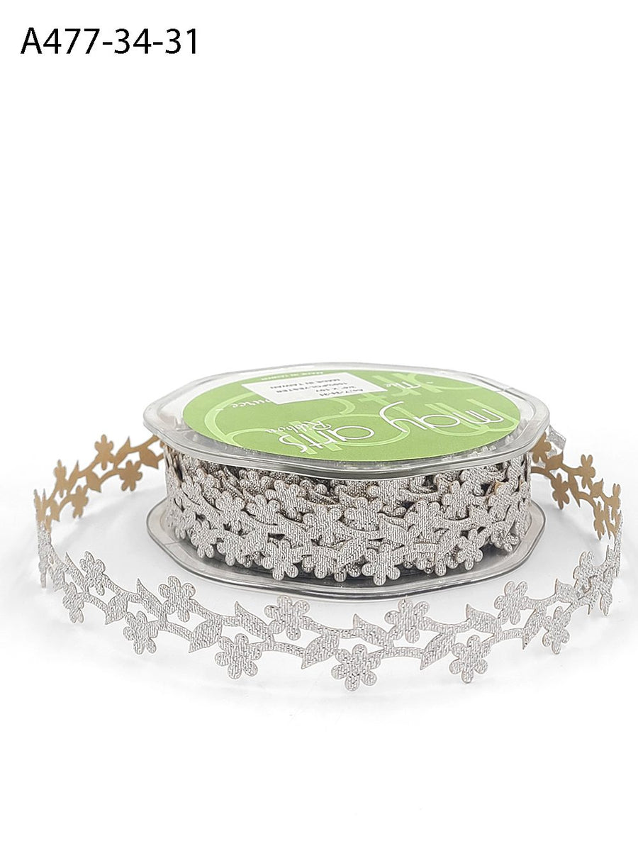 3/4 Inch Adhesive Floral Design Ribbon with Sealed Cut Edge – A477-34-31 Silver