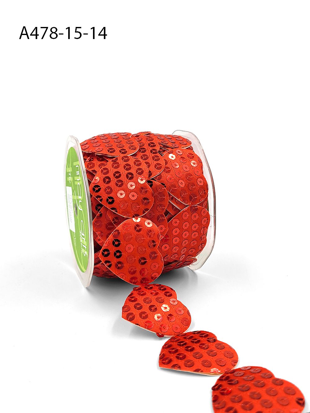 1.5 Inch Adhesive Puffy Sequin Heart Ribbon with Sealed Cut Edge – A478-15-14 Red