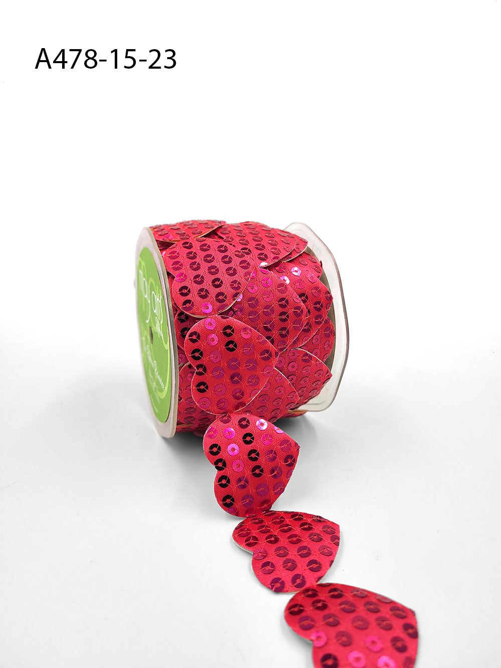 1.5 Inch Adhesive Puffy Sequin Heart Ribbon with Sealed Cut Edge – A478-15-23 Hot Pink