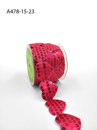 1.5 Inch Adhesive Puffy Sequin Heart Ribbon with Sealed Cut Edge – A478-15-23 Hot Pink