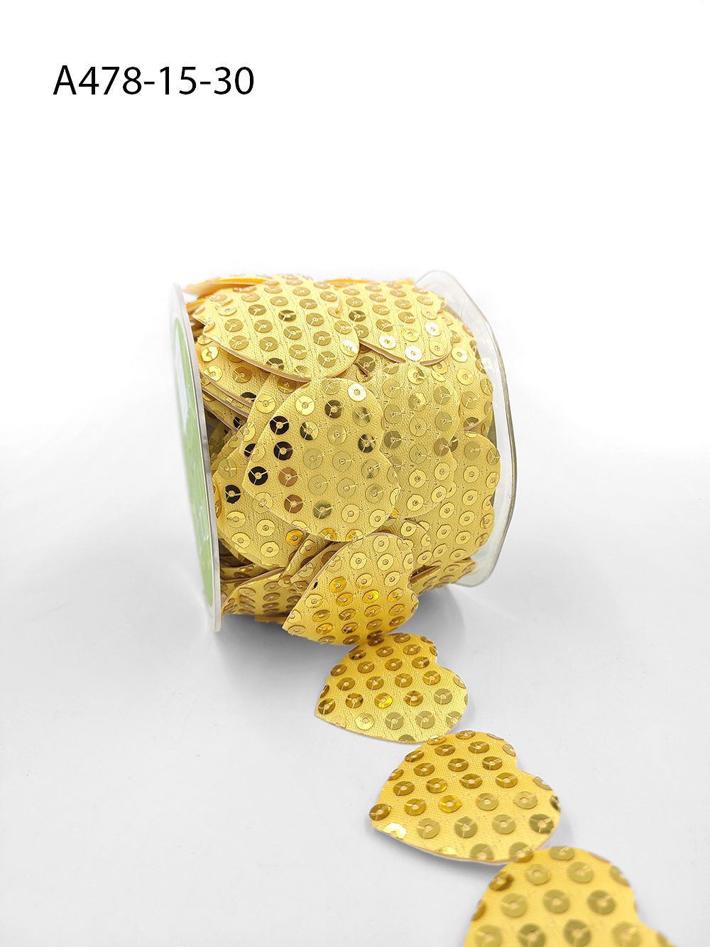 1.5 Inch Adhesive Puffy Sequin Heart Ribbon with Sealed Cut Edge – A478-15-30 Gold