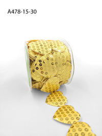 1.5 Inch Adhesive Puffy Sequin Heart Ribbon with Sealed Cut Edge – A478-15-30 Gold