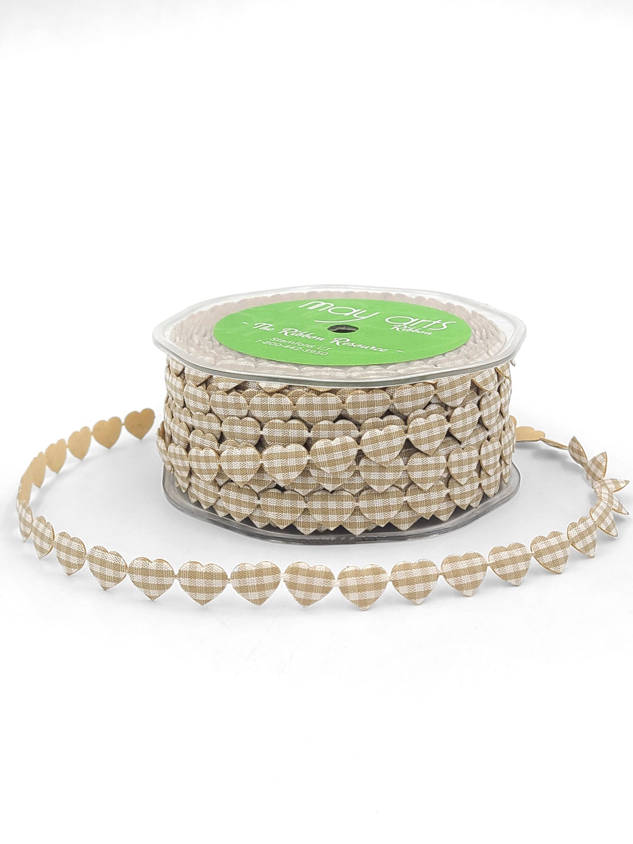 3/8 Inch Adhesive Puffy Mini Gingham Heart Ribbon with Cut Sealed Edge – A513-38-02 beige/ivory